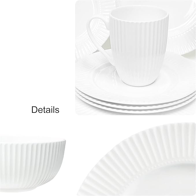 Dinnerware 16 Piece Set Bone China Service for 4 White Embossed stripe Dishes Microwave Safe Chip Resistant Dishware For Formal Casual and Everyday Living Plates and Bowls Set