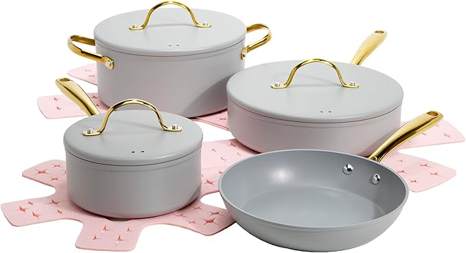 Paris Hilton Iconic Nonstick Pots and Pans Set Multi-layer Nonstick Coating Matching Lids With Gold Handles Made without PFOA Dishwasher Safe Cookware Set 10-Piece Light Gray