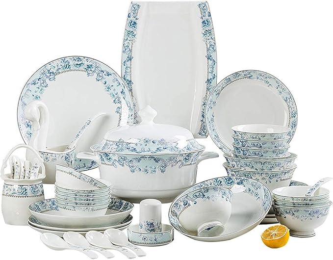 65 pcs Dinnerware Set Serves for 10 People Line Drawing Decoration Bone China Tableware SetPremium Quality Porcelain Dishes/Plate/BowlDishwasher &amp Microwave SafeBlue (60pcs Serves for 10 Peopl