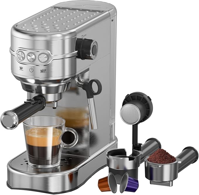 Espresso Machine - 20Bar Coffee Maker with Foaming Steam Wand: 1450W Compatible for Original Capsule &amp Ground Single-Serve Espresso Maker with 35Oz Removable Water Tank for Latte Kitchen