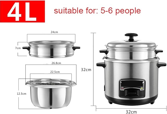 Portable Rice Cooker with Stainless Steel Inner Pot Steamer &amp Warm Functions Ideal for 1-11 People 2-6L Capacity(4L)