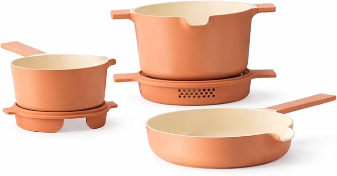 Alva Neat Peach 5-Piece Nonstick Ceramic Cookware Set – Lightweight Nonstick Cookware Set – Easy to Store – Induction &amp Oven Safe Made Without PFAS PTFE PFOA – Non Stick Pots and Pan Set