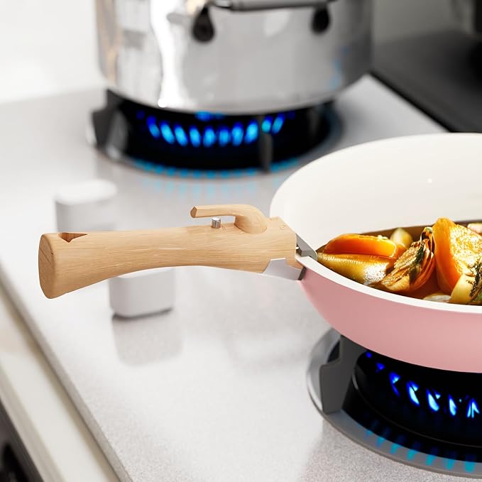 ShanSon 6 Pieces Kitchen Non-Stick Cookware Sets with Removable Handle Stackable Pots and Pans Set Nonstick for Induction Gas RVs Camping Space SavingPink