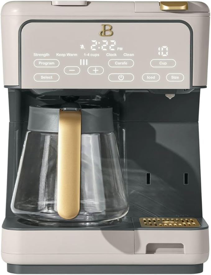Multi-Brew Coffee Maker – 12-Cup Carafe &amp Single-Serve Pod or Grounds Iced Coffee Mode Programmable Touch Display Includes Filters (PORCINI TAUPE)