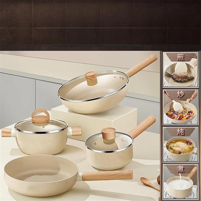 Wok Frying Pan Stockpot Milk Pan Cookware Set Metal Glass See Through Lid Non Stick Cooking Pot Set CookwareFourPiece SetFourPiece Set