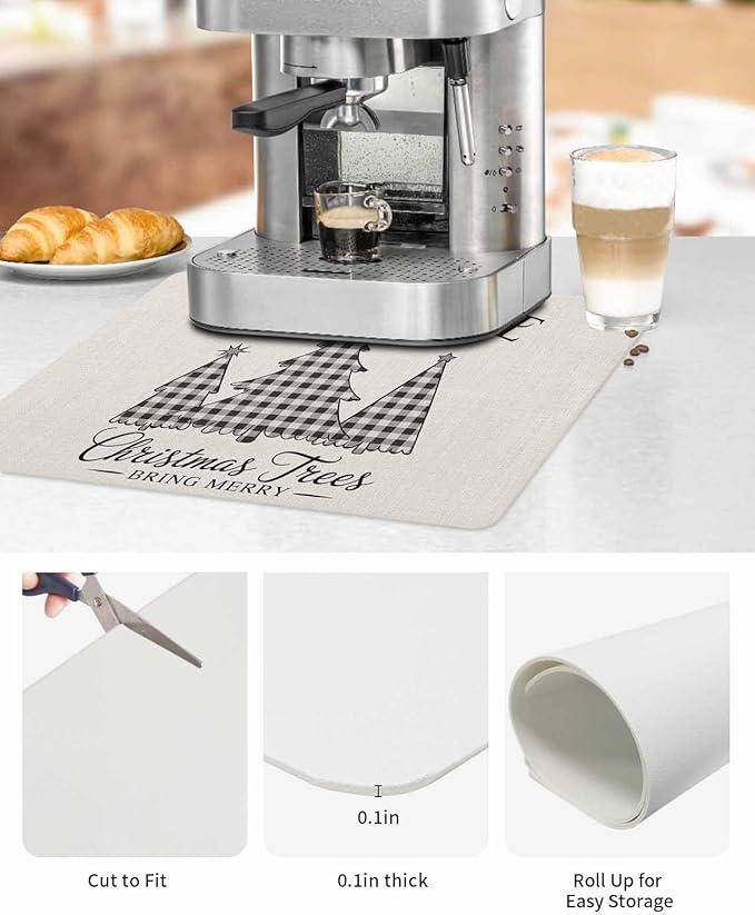 Coffee Mat for Counter Buffalo Check Plaid Christmas Tree Absorbent Hide Stain Coffee Bar Mat Non-slip Coffee Bar Accessories Kitchen Drying Mat Fit Under Coffee Maker Espresso Machine
