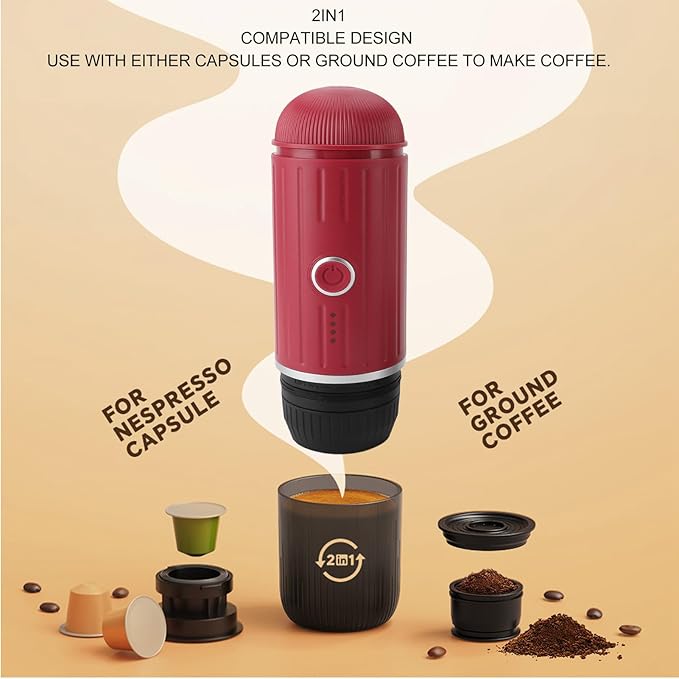 Portable Electric Espresso Machine Self-Heating Automatic Extraction 80ml Mini Coffee Maker for Camping/Travel/RV/Hiking/OfficeUSB-C &amp Car Charger(Black)(Red)