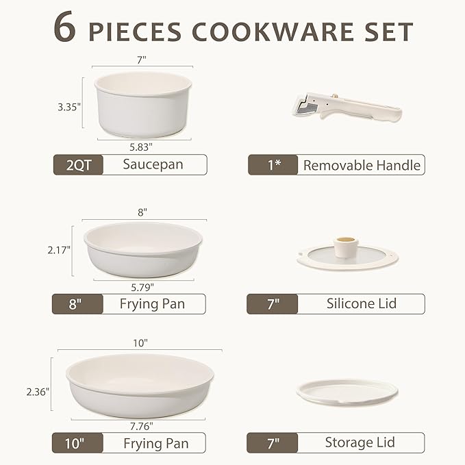 CAROTE 6pcs Pots and Pans Set Non Stick Cookware Sets Kitchen Set Oven/Fridge Safe Space Saving Pots Set Nonstick Cooking Set with Versatile Detachable Handle Induction RV Set