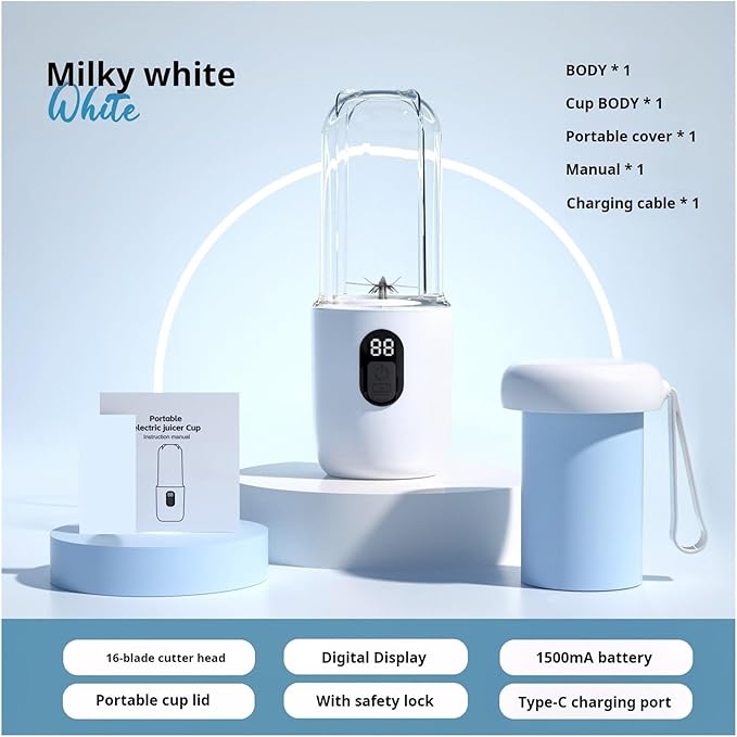 Compatible for 500ML Portable Blender with Lid Rechargeable Wireless Orange Juicer 16 Stainless Blades Smoothie Vegetables Fruits Mixer(WHITE)