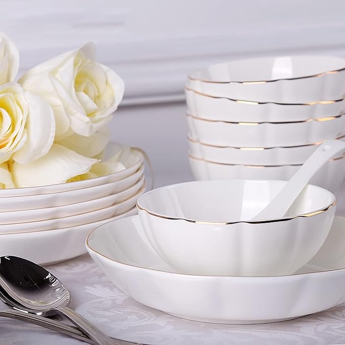 Dinner Set Porcelain Bone China Dinnerware Kitchen Dinning White Round Tableware Combination Set with Cereal Bowls Soup Plates (56 Pieces Service for 12 People)