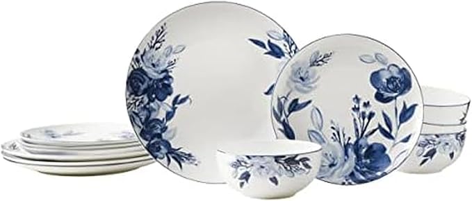Mikasa Darcy Bone China Lightweight Chip Resistant 12 Piece Dinnerware Set Service for 4Blue and White