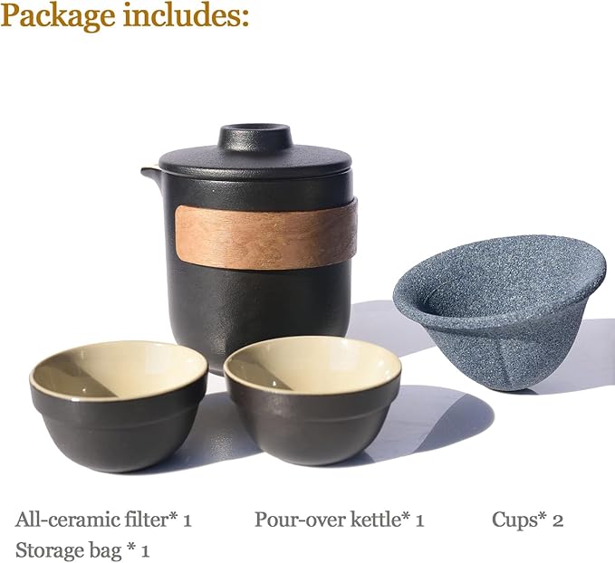 Pour Over Coffee Maker - All-Ceramic Drip Set Single Serve Coffee Maker with Pour Over Dripper Reusable Ceramic Filter &amp Carafe Portable Travel Drip Kit Valentines Day Gifts for Him