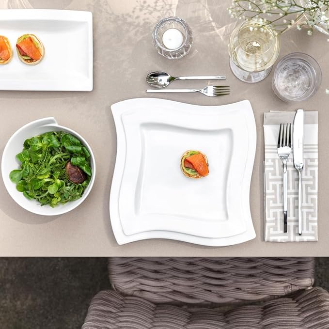 Villeroy &amp Boch New Wave 4-Piece Place Setting Dinner Salad Plate Bowl and Mug – Premium Porcelain Dinnerware White