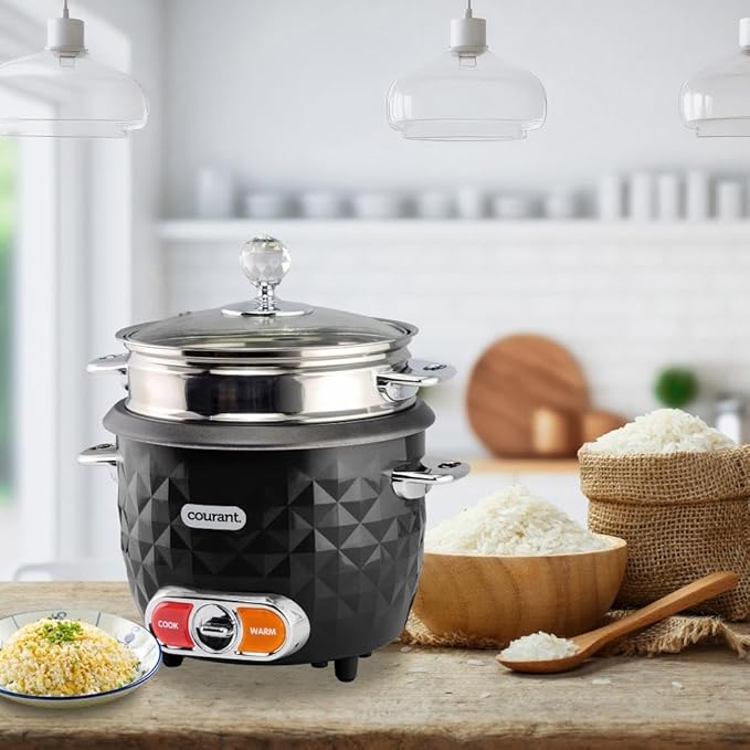 Courant 10-Cup (Cooked) / 5-Cup Uncooked Rice Cooker and Steamer with One-Touch Operation Automatic Keep Warm Function and Chrome Accents Black
