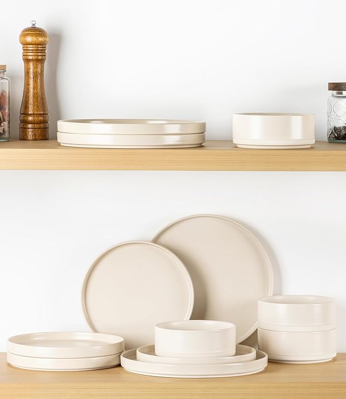 TheTerra Ceramic Dinnerware Sets for 8 24 Pieces Handmade Reactive Glaze Plates and Bowls Set Scratch Resistant Dish Set Oven &amp Microwave &amp Dishwasher Safe Matte White