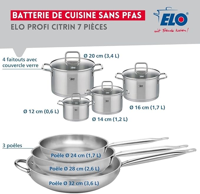 Elo Profi 9513350 7-Piece Cookware Set of 3 Frying Pans 24 28 and 32 cm and 4 Saucepans 12 14 16 and 20 cm Citrin Stainless Steel Induction