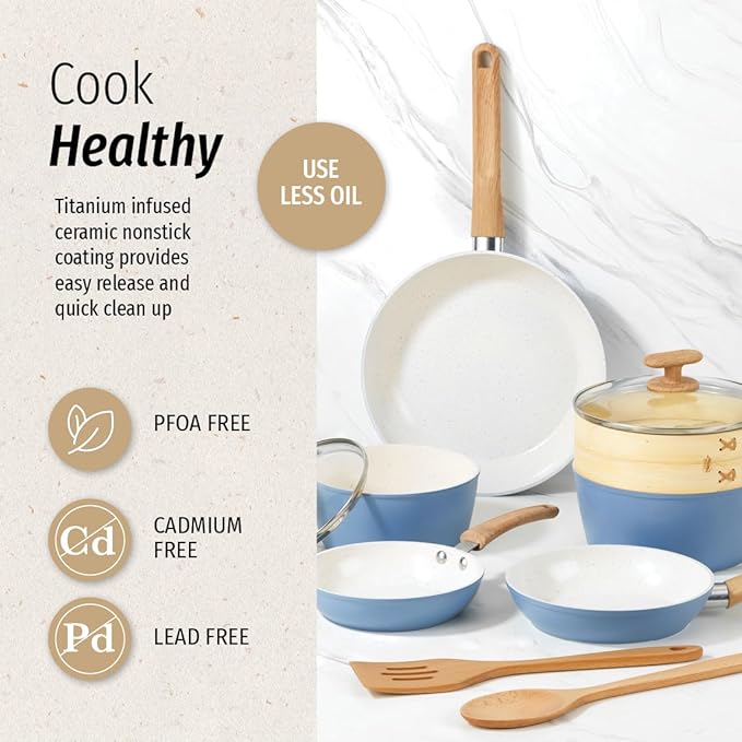 GoodCook 10-Piece Healthy Ceramic Titanium-Infused Cookware Set Light Blue – Pots Pans Steamer Spoon &amp Turner – Induction Cookware Kitchen Pots &amp Pans Set Nonstick Cooking Pan Set