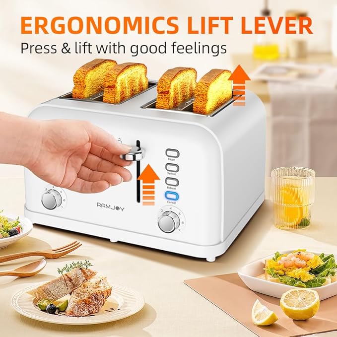 White Toaster 4 Slice Dual Independent Controls Extra Wide Slot Toasters for Bagel Bread Waffles 7 Shade Settings 4 Main Functions Removable Crumb Tray 1500 Watts White Stainless Steel