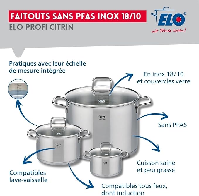 ELO 9500350 Cookware Set 4 Pieces 1 Frying Pan 32 cm and 3 Cooking Pans 12 16 and 26 cm Elo Profi Citrine Stainless Steel Induction