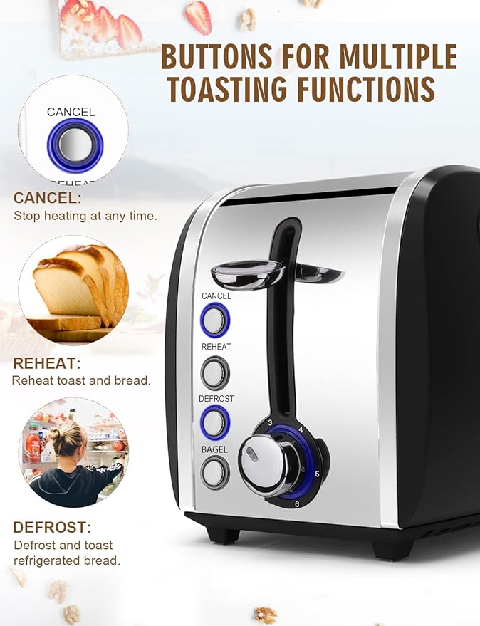 Toaster 2 Slices Stainless Steel JEWJIO Retro Toaster with 1.5 Extra Wide Slot for 6 Bread Shades Setting/Bagel/Defrost/Reheat/Cancel Function/Removable Crumb Tray 800W Matte Black