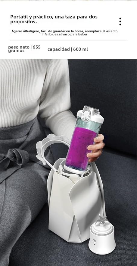 Portable Blender 600ml Personal Size Juicer Machine Smoothie Blender with Six Blades USB Rechargeable Juicer Cup for Travel Gym Outdoors and Home (white)