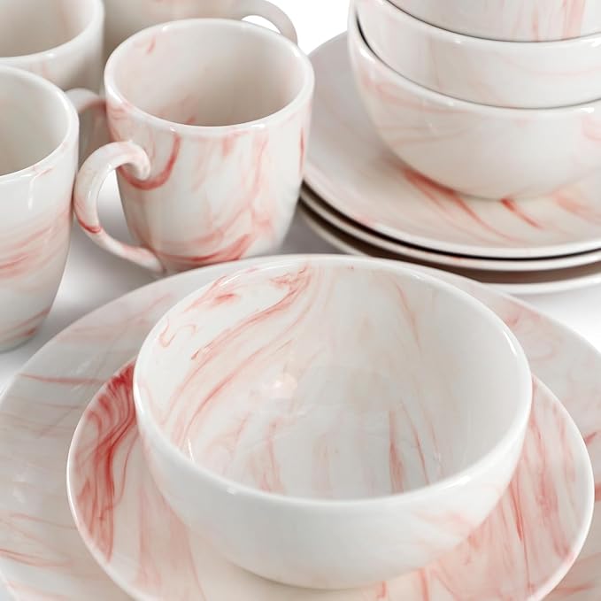 16 Piece Porcelain Marble Dinnerware Set in Red and Orange – Service for 4 Dishwasher &amp Microwave Safe (Red)