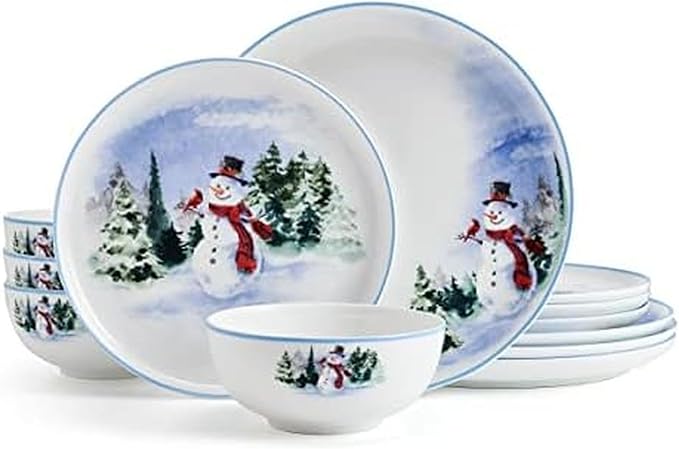 Mikasa Snowman Forest Chip Resistant 12 Piece Dinnerware Set Service for 4
