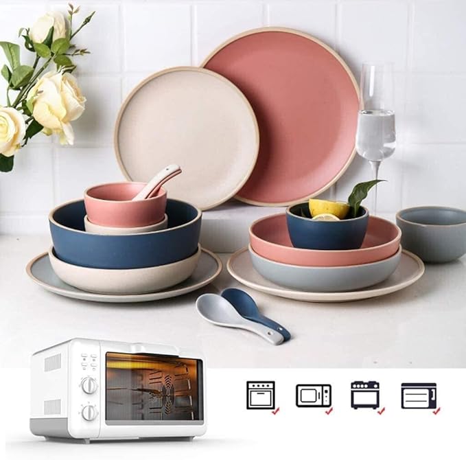 Dinnerware Sets Dish Set19-PiecessBone China Porcelain Tableware Set with Plates Bowls and DishCeramic Dinner Set for Home Kitchen (Beige 14)