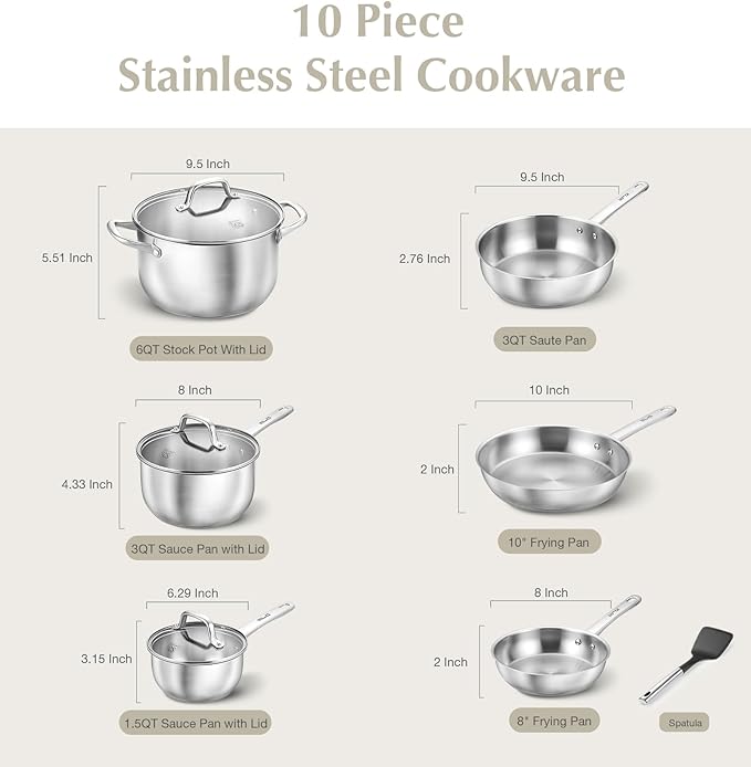 KOCH SYSTEME CS Stainless Steel Pots and Pans Set 10 Piece Stainless Steel Cookware Set for Professional Cooking Kitchen Cookware Sets Induction Compatible Cookware Set 10 Pcs Pots and Pans
