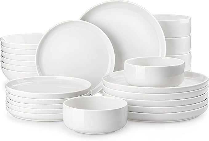 MALACASA Plates and Bowls Sets 24 Pieces Modern Porcelain Dinnerware Set for 6 Ceramic Dishware Dishes White Kitchen Dinner Dining Ware Set Microwave and Dishwasher Safe Series LUNA
