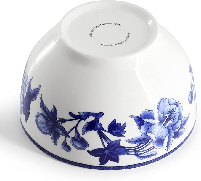 Cattleya Orchid 16 Piece Porcelain Dinnerware Set Blue and White Floral Round Plates and Bowls Service for 4 Dishwasher and Microwave Safe