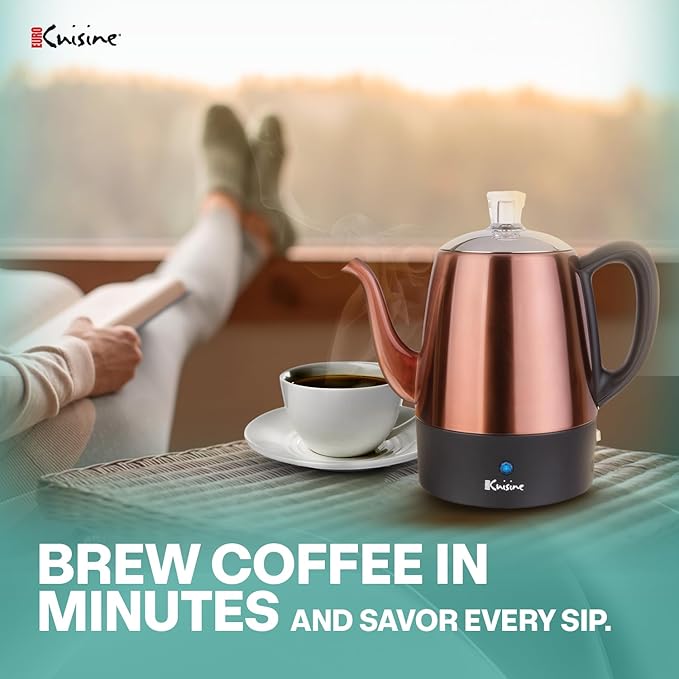Euro Cuisine PER04 Stainless Steel Electric Coffee Percolator 4 Cup Polished Copper Finish Dripless Gooseneck Spout Clear Glass Knob Brewing Indication Keep-Warm Function Detachable Cord