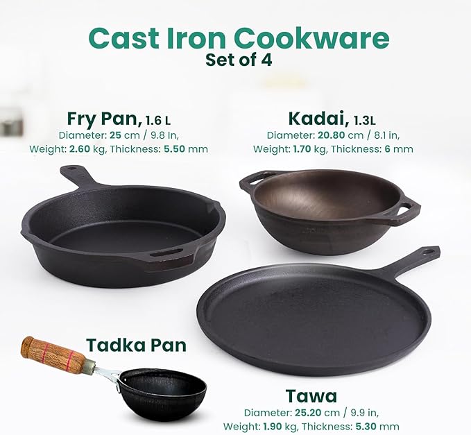 Pre-Seasoned Cast Iron Cookware Set | Tawa(25.2cm) Fry Pan (25cm) Wok Model Kadai (20.8cm) with Free Tadka Pan (16.4cm) | Kitchen Cooking Combo Pots and Pans Set of 4 Pcs Black