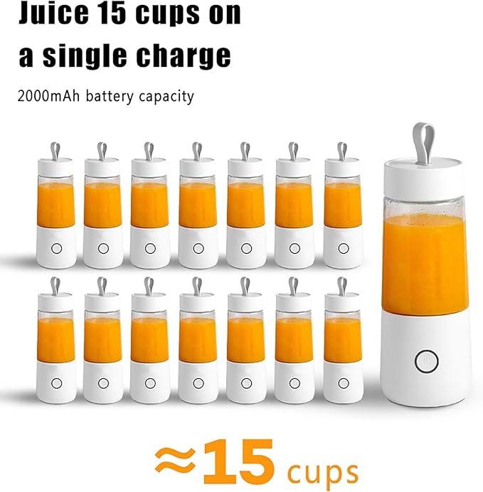 Personal Mini Juice Blender Portable Juicer Cup 350ml with 4 Blades in 304 Stainless Steel 15 Cups Output/Full Charged BPA Free and Easy to Clean for Sports Travel Fishing Fitness