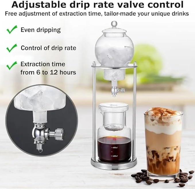 Cold Brew Drip Tower Ice Drip Coffee Maker 600ml/20.29oz Capacity Cold Brew Drip Tower Coffee Maker with Stainless Steel Frame DIY Ice Coffee Brew Tower for Coffee and Tea(Gold)