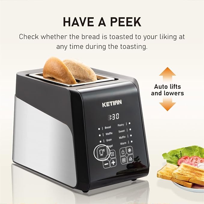 Touchscreen Toaster 2 Slice KETIAN Bagel English Muffins Toast Pastry Waffles Grain Sweet Bread Toaster Extra Wide Slots Single Slot Toasting Automatic Lifting 1400w (Black)