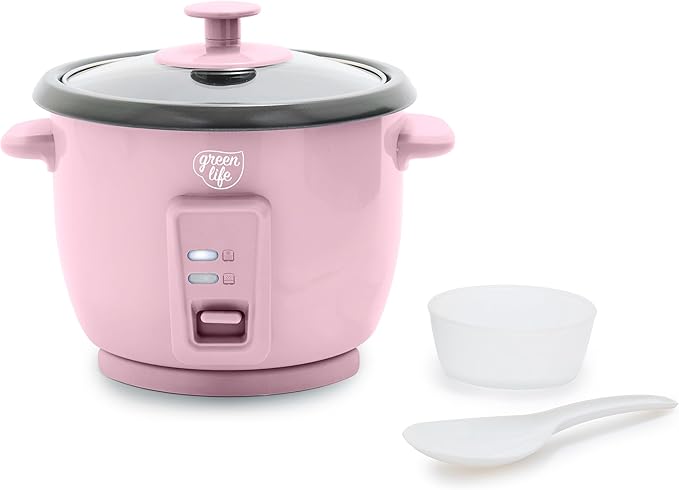 GreenLife Rice Cooker with Removable PFAS-Free Ceramic Nonstick Pot 3-Cups Uncooked/6-Cups Cooked Grains &amp Oatmeal Multicooker Compact One-Switch Design Auto Keep Warm Easy Clean Pink