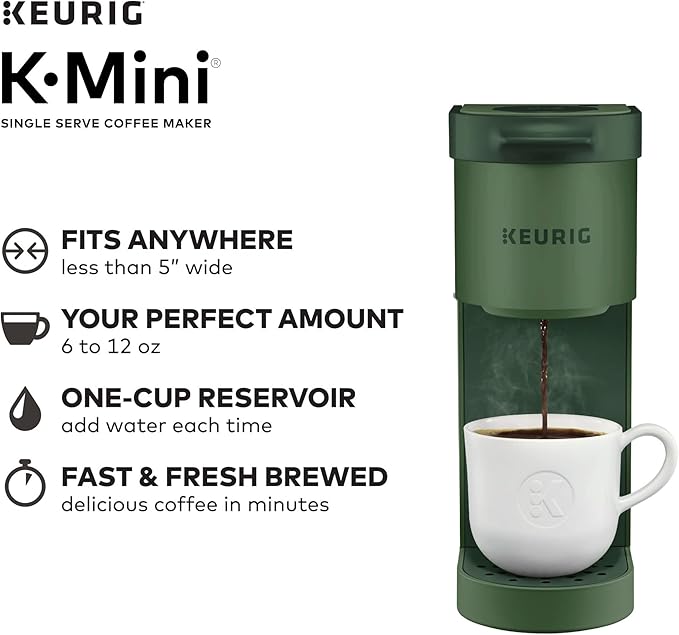 Keurig K-Mini Single Serve Coffee Maker with 6-12Oz Cup Sizes Quick Brewing and Removable Drip Tray (Evergreen Renewed)