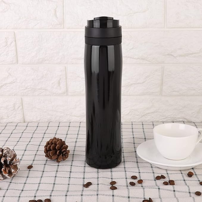 Stainless Steel Portable Coffee Maker Pot Bottle Coffee Dispenser with Portable Pressure Filter Outdoor Office for Coffee Tea(black)