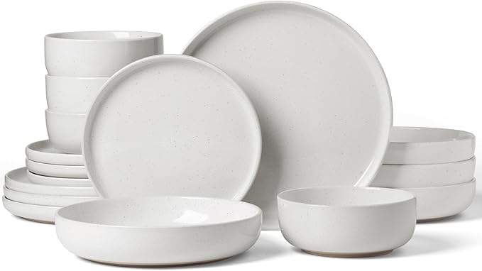 Famiware Milkyway Stoneware Dinnerware Sets with Pasta Bowls Service for 4 (16 Pieces) Plates and Bowls Sets -Scratch Resistant Microwave and Dishwasher Safe Dishes Set White