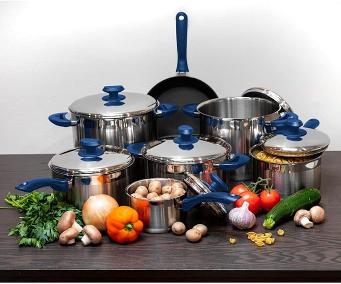 YBM Home Stainless Steel Pots and Pans Set + Aluminum Frying Pan Professional Leading 10 Piece Cookware Set with Bakelite Handle Terrific Mirror Silver Induction Compatible - Blue