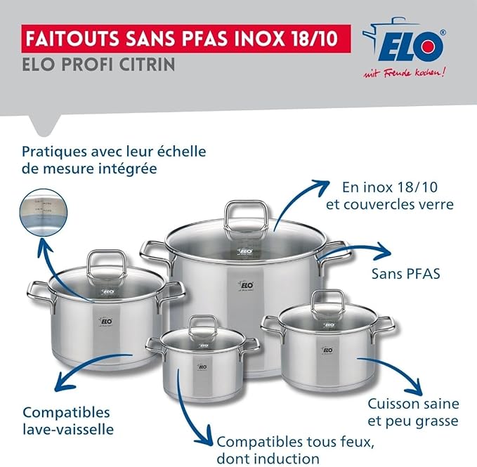 ELO 9504450 6-Piece Cookware Set 2 Frying Pans 24 and 28 cm and 4 Saucepans 14 16 20 and 26 cm Elo Profi Citrine Stainless Steel Induction