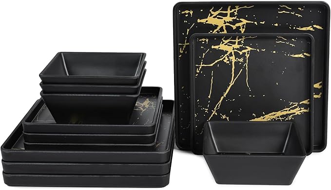 Melamine Dinnerware Sets - 12pcs Square Plates and Bowls Sets For 4 Indoor Outdoor Use Dishwasher Safe Black &amp Gold