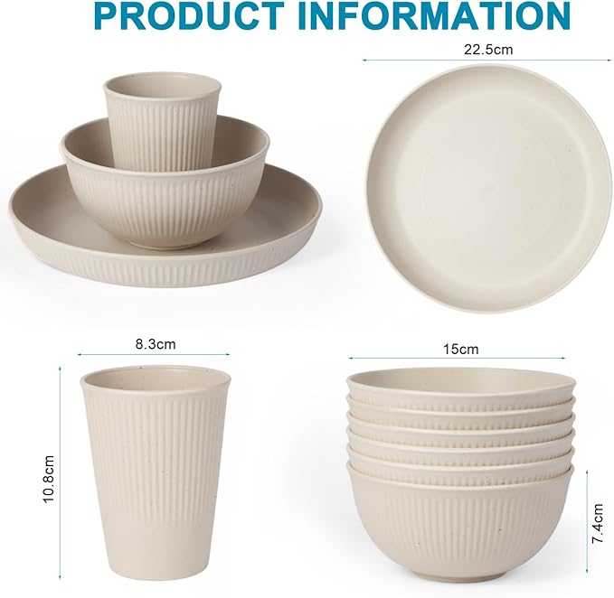 18pcs Wheat Straw Dinnerware Sets Unbreakable dish Set Reusable Plates Bowls and Cups Set dishes Dishwasher Microwave Safe for Kitchen Outdoor Travel Camping (Beige)
