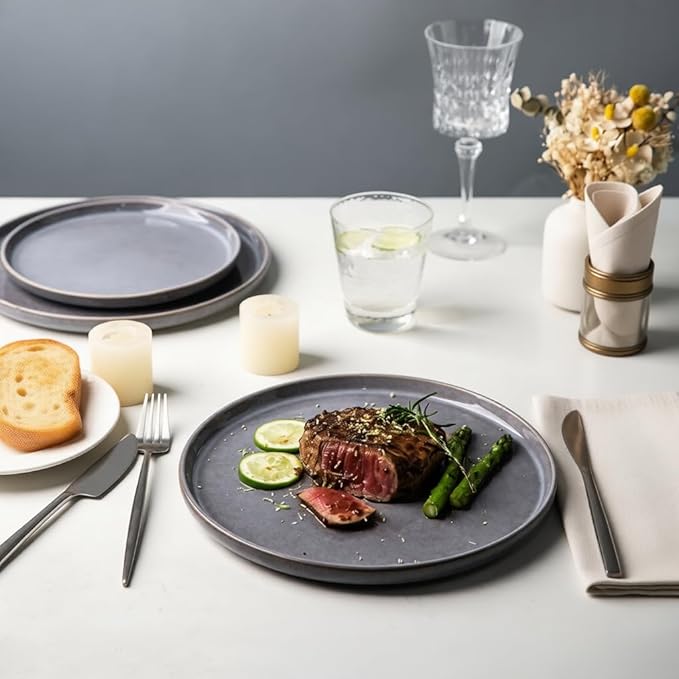 AmorArc Stoneware Dinnerware SetsRound Reactive Ceramic Plates and Bowls SetsHighly Scrath Resistant | Dishwasher &amp Microwave Safe DishesService for 4 (12pc)