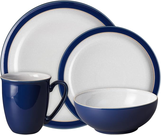 Denby - Elements Dark Blue Dinner Set For 1-4 Piece Ceramic Tableware - Dishwasher Microwave Safe Crockery Single Place Setting - 1 x Dinner Plate 1 x Small Plate 1 x Cereal Bowl 1 x Coffee Mug