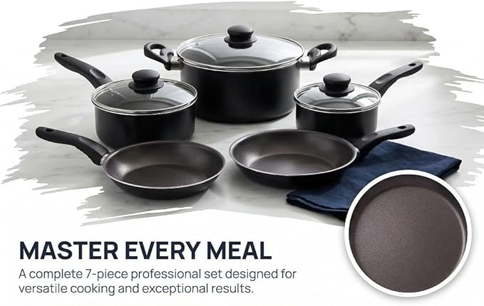 7-piece Non-stick Cooking Set with Covered Aluminum Cookware Complete Set of Pots Pans and Bowls Non-toxic and Healthy Safe for The Oven Heated By Induction Stove Black Set