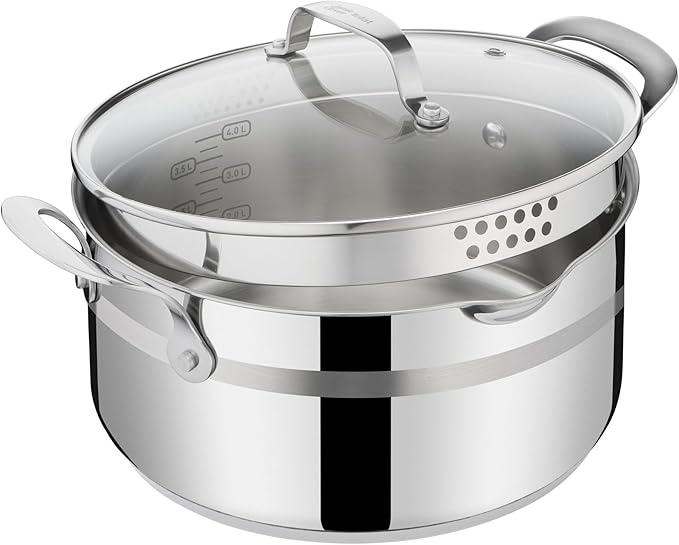 Jamie Oliver by T-fal Cook Smart 10-Piece Cookware Set Uncoated Stainless Steel Robust Fast Heating Even Cooking Riveted Handle Induction safe Oven and dishwasher safe