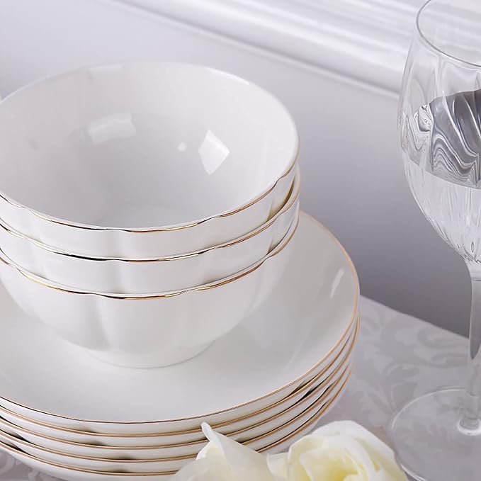 56 Pieces Dinnerware SetPorcelain Bone China Kitchen Dinning White Round Dinner Tableware Combination Set with Cereal Bowls Dessert Plates Dishes and Soup Pot