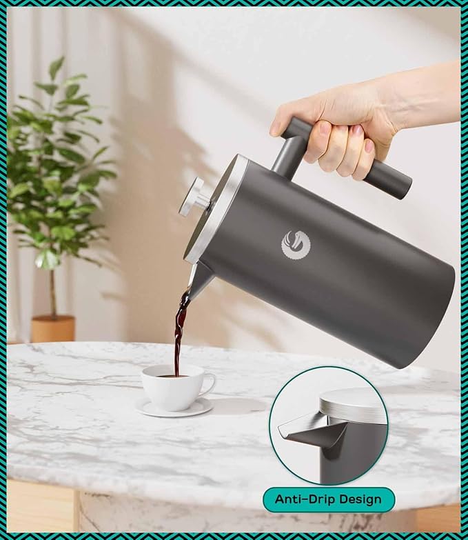 Coffee Gator French Press Coffee Maker 34oz Double Insulated Stainless Steel Silver and Gray